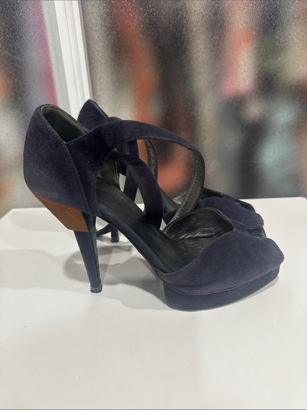 Prada Navy Pravda Suede Crisscross Platform 4”Heels